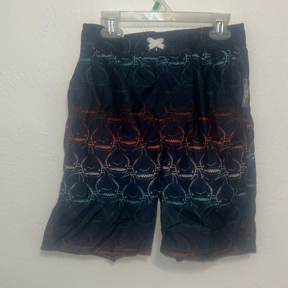 Revolution Boys Shark Print Swim Trunks Navy Blue Orange Teal Size L 12/14 NWT